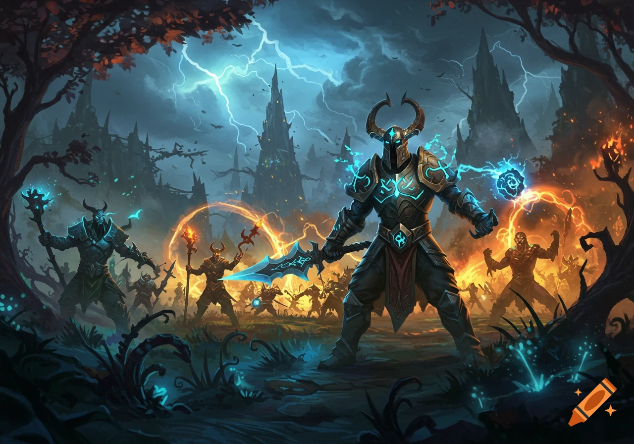 Armored warriors with glowing weapons and magic battle in a dark, stormy fantasy landscape with jagged towers.