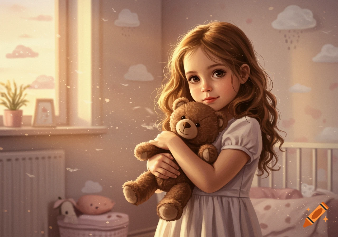 A young girl with long brown hair, wearing a white dress, gently hugs a brown teddy bear in a sunlit room.