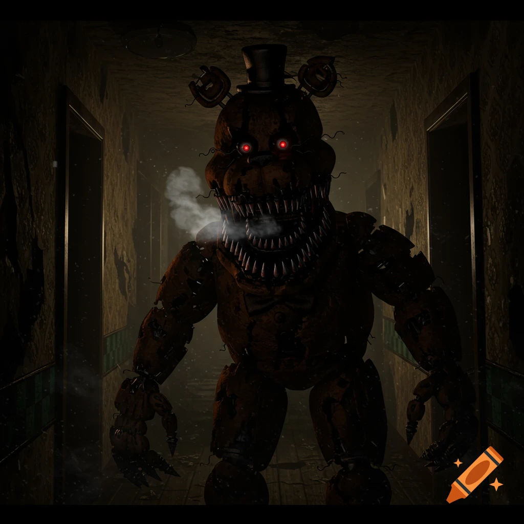 Nightmare Freddy with glowing red eyes and smoke exhaling from his mouth, stands in a dark, grimy hallway.