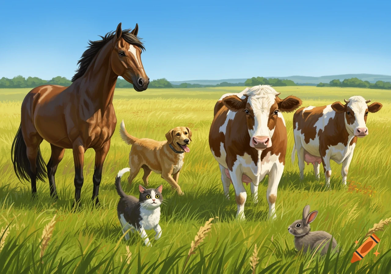 An illustration of a horse, a dog, a cat, two cows, and a rabbit standing in a grassy field under a blue sky.