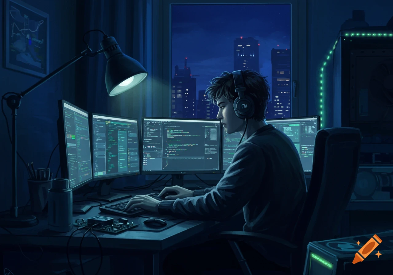 Digital art of a young man coding on three computer monitors in a dark room at night.