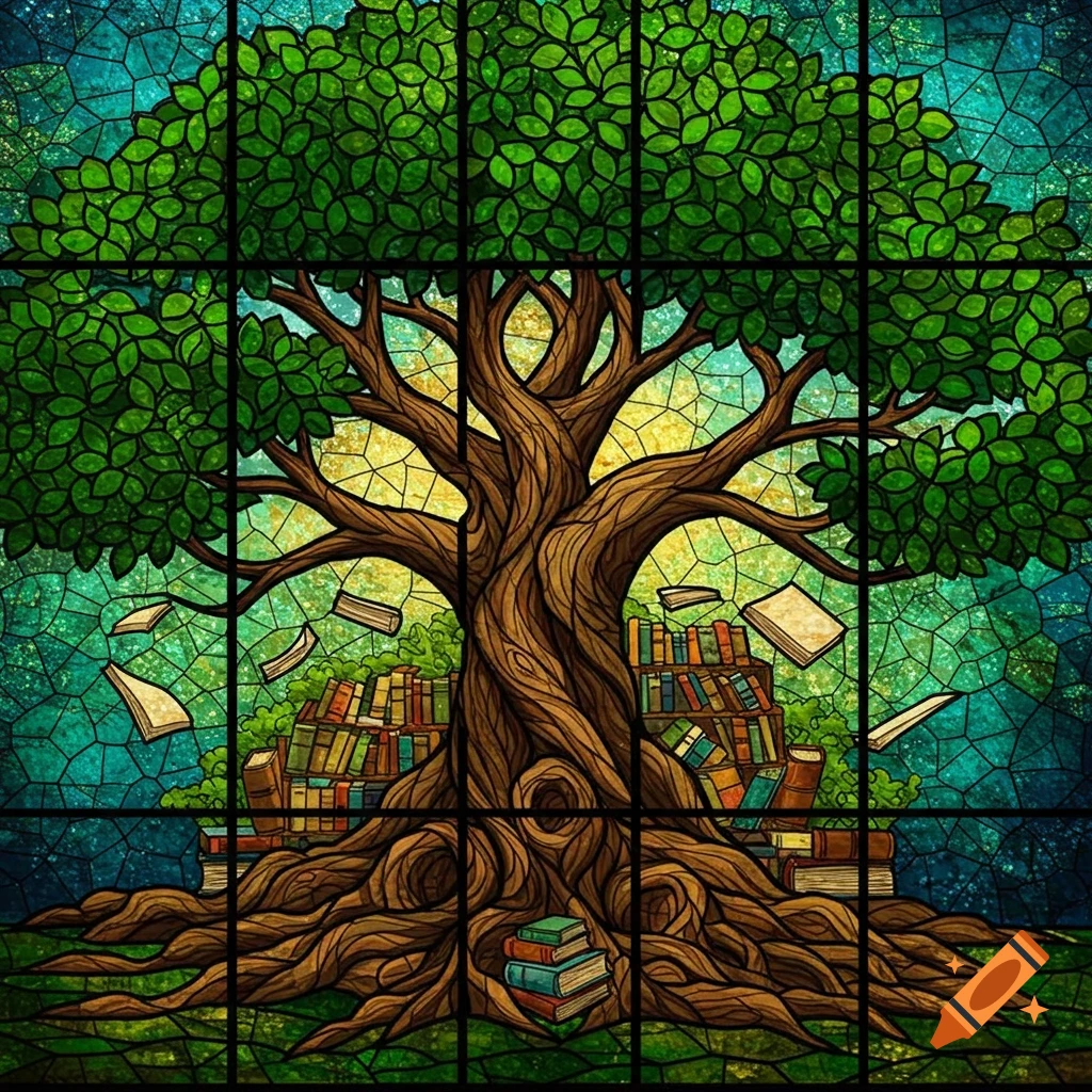 A colorful stained glass depiction of an old tree with green leaves, brown branches and roots, surrounded by open books and bookshelves.