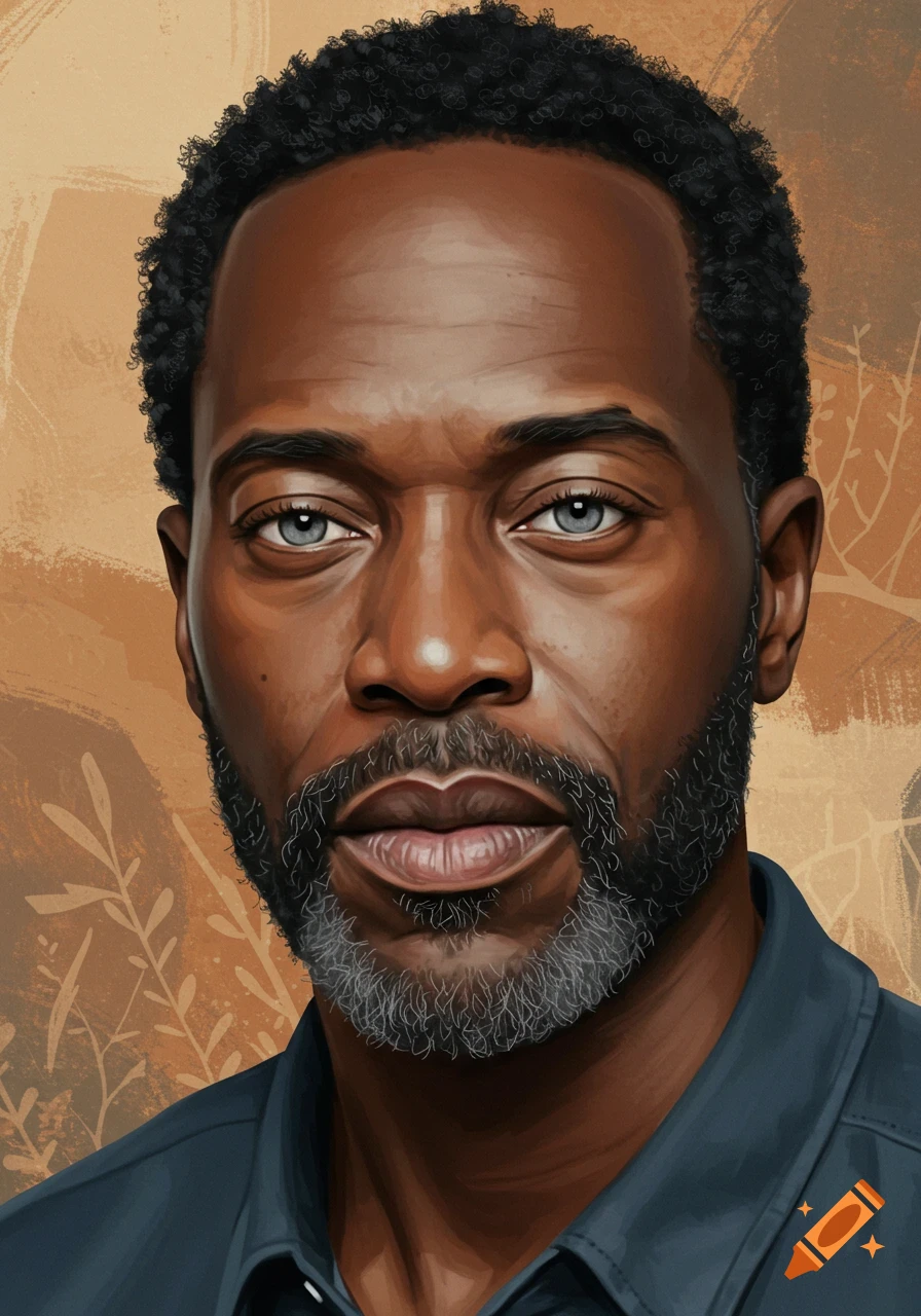 Stylized digital painting portrait of a Black man with gray eyes and a short beard, wearing a dark shirt, against an abstract warm background.