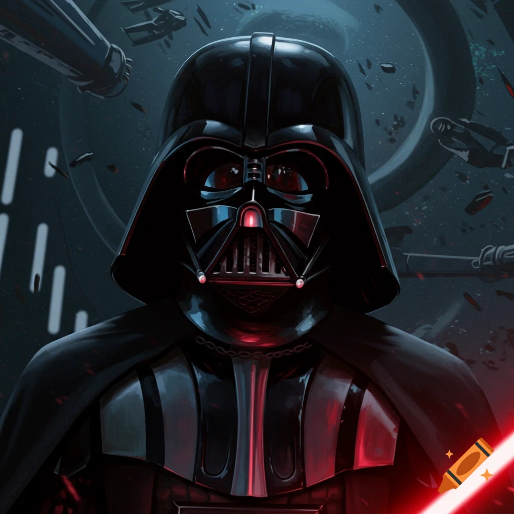 Close-up digital painting of Darth Vader in his iconic black armor, with a red glow from his lightsaber in the foreground, against a dark, chaotic space battle background.