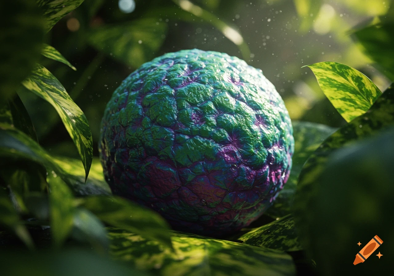 A bumpy, textured spherical fruit with green and purple skin, nestled among green leaves with dappled light.
