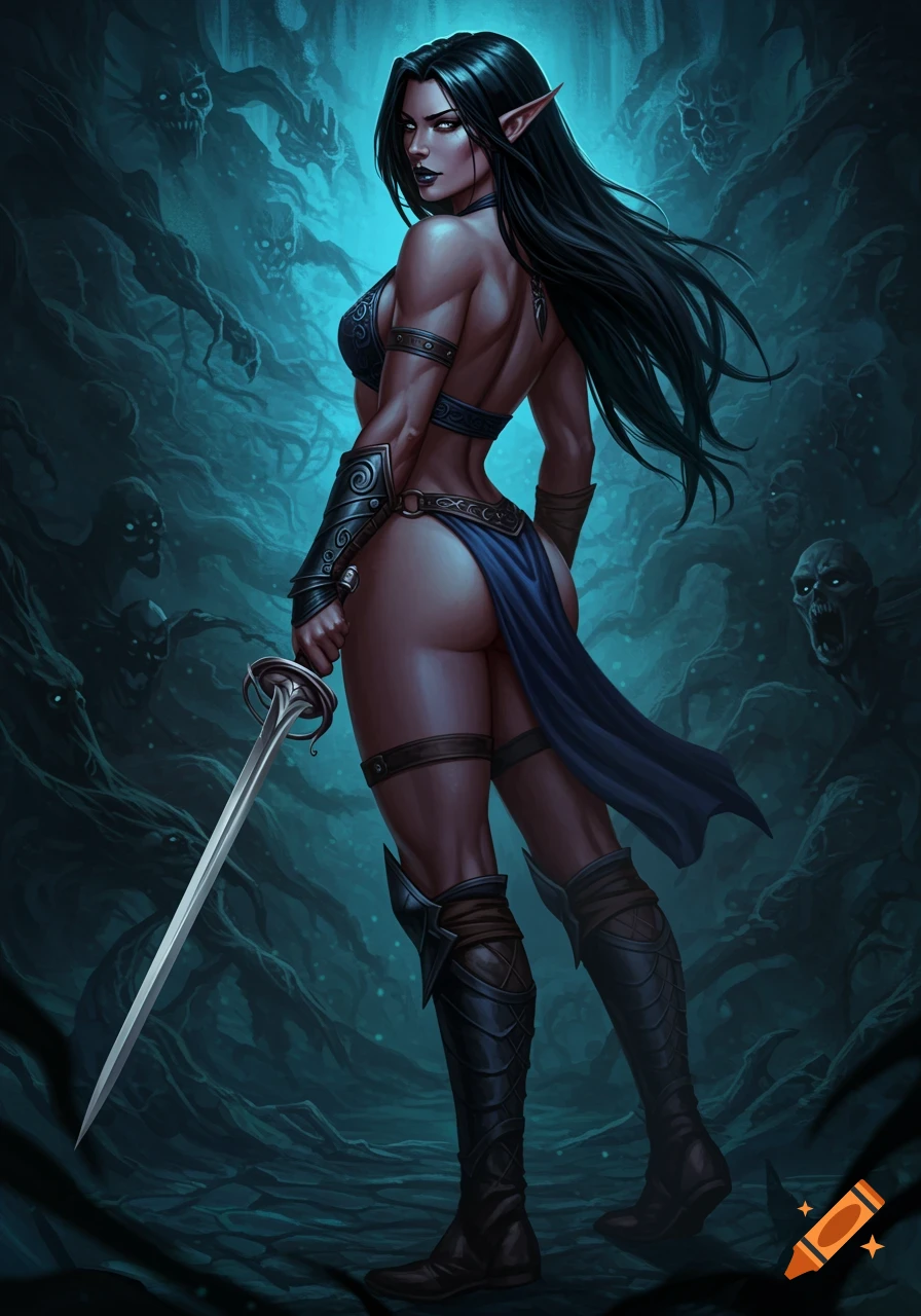 A dark-haired female elf warrior, muscular and lightly armored, stands in a dark, eerie forest holding a sword, with shadowy figures in the background.