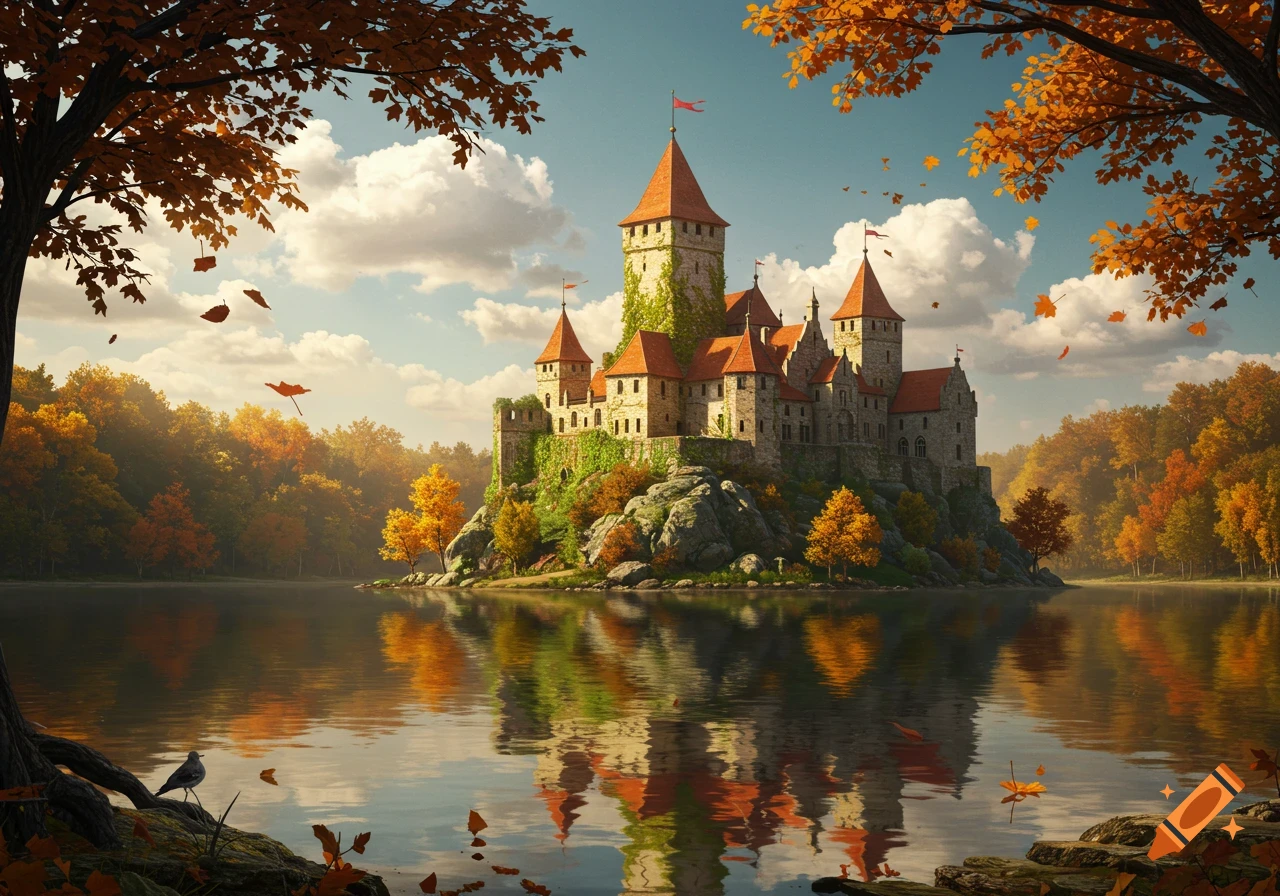 A stone castle with red roofs on an island in a lake surrounded by an autumn oak forest with falling leaves and reflections.