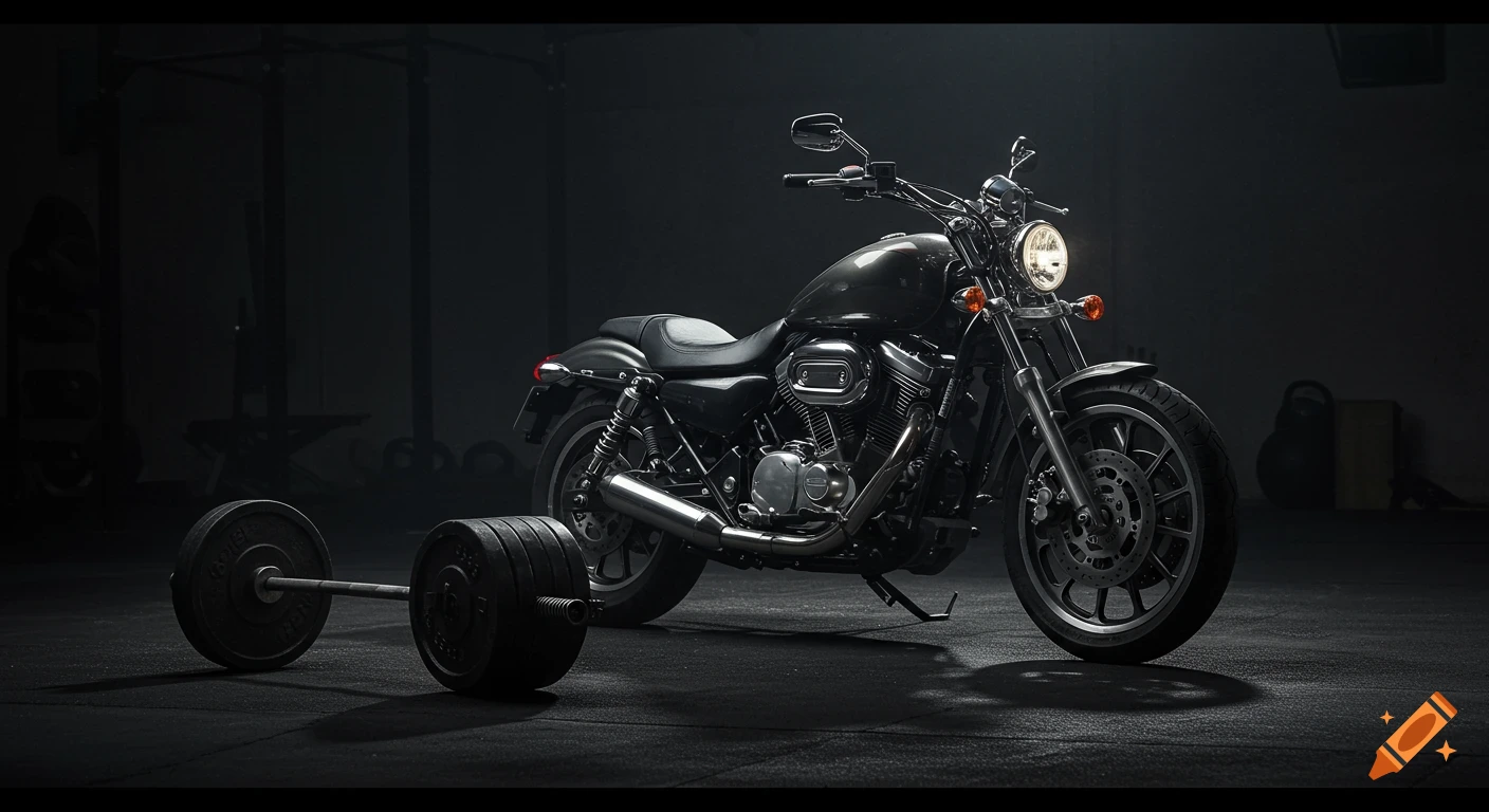 A black cruiser motorcycle parked next to a barbell in a dark, moody gym with gym equipment in the background.