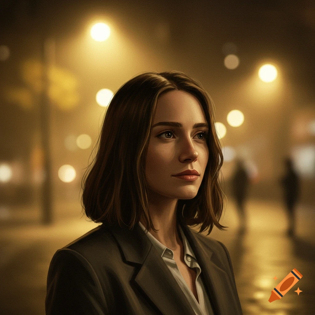 A woman with short brown hair in a blazer looks thoughtfully to the side against a blurry backdrop of warm city lights at night.