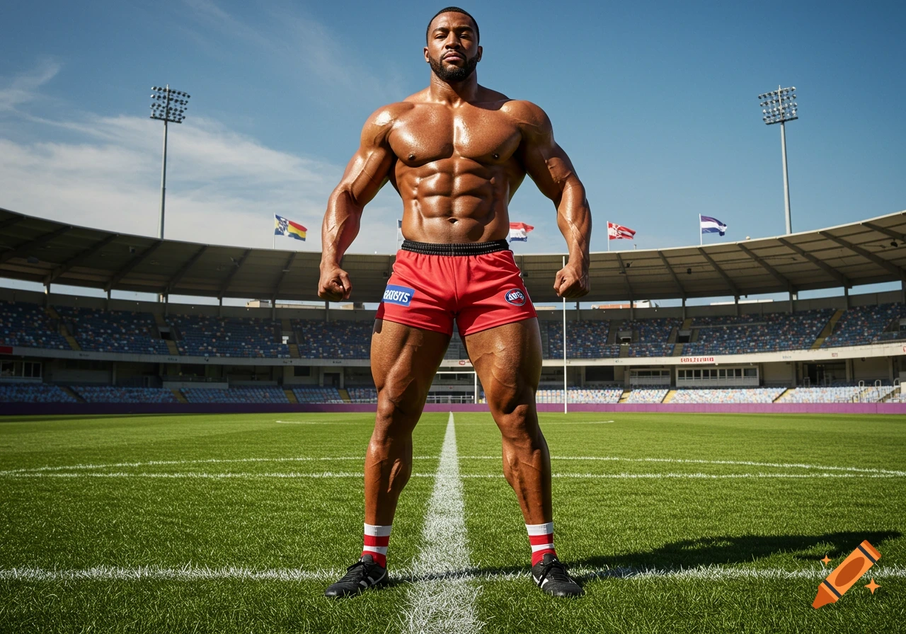 A muscular bodybuilder in red shorts stands on a green football field inside a stadium on a sunny day.