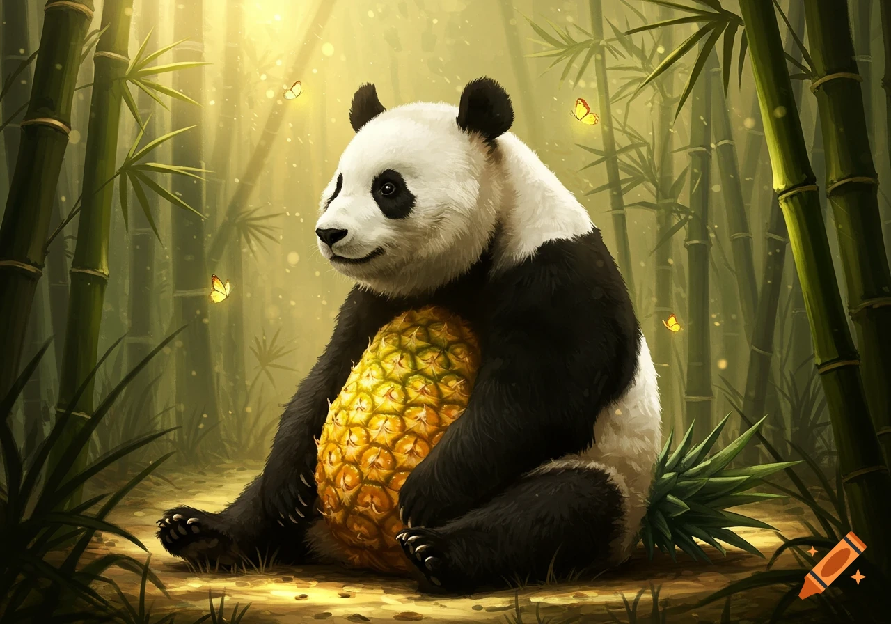 A cute panda sits in a sunlit bamboo forest, happily clutching a large pineapple to its belly, with glowing butterflies fluttering around.