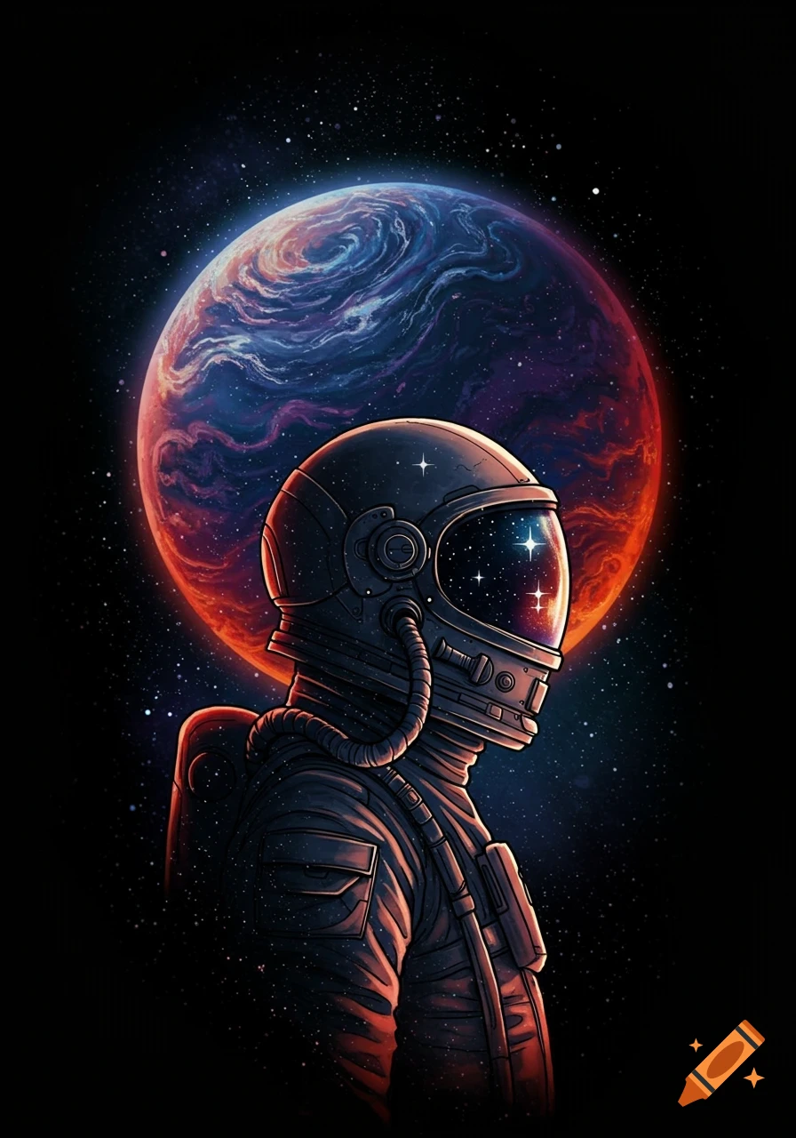 Stylized tattoo design of an astronaut in space with a large, glowing red and blue planet behind them.