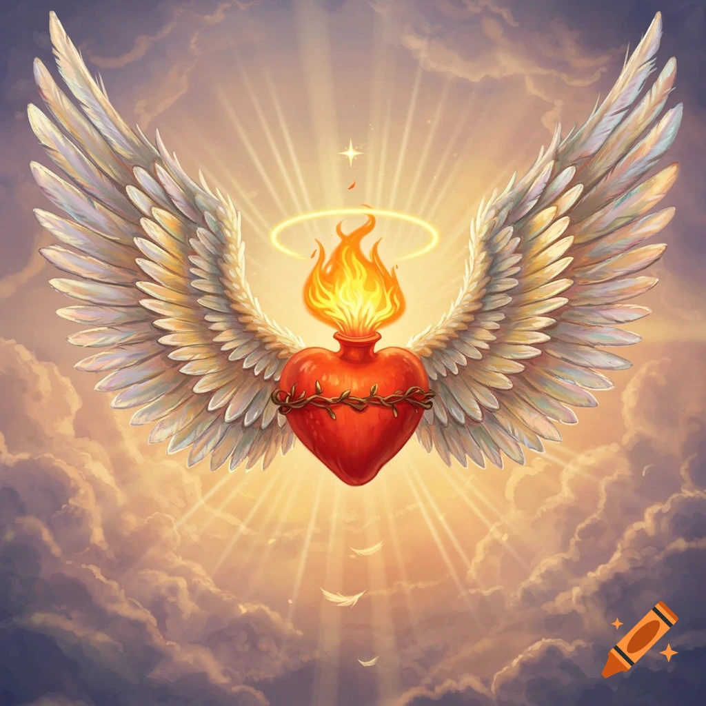 Illustration of a Sacred Heart with white wings, a crown of thorns, and a flame, glowing with light in a cloudy sky.