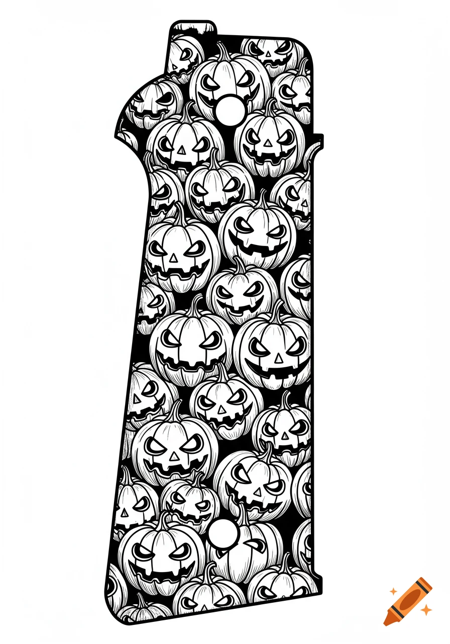 Black and white graphic of Halloween pumpkins filling the shape of a 1911 pistol grip.