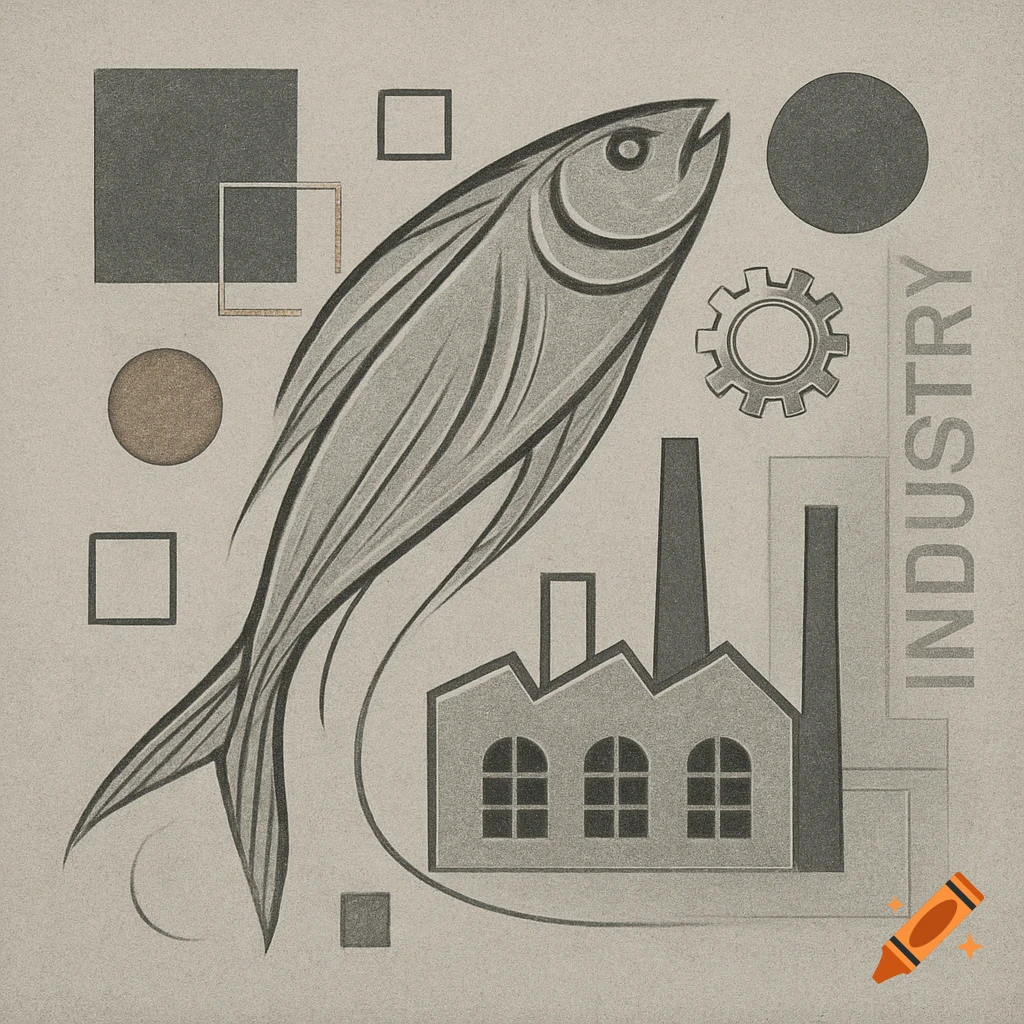 An abstract, industrial-style illustration featuring a large fish, a factory building with smokestacks, gears, and geometric shapes in muted grayscale tones with a textured background. The word "INDUSTRY" is vertically aligned on the right.