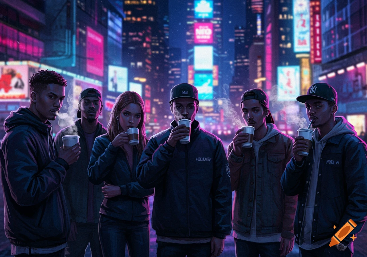 A group of young adults in dark clothing hold steaming cups on a neon-lit city street at night. The scene has a stylized, slightly cyberpunk aesthetic.