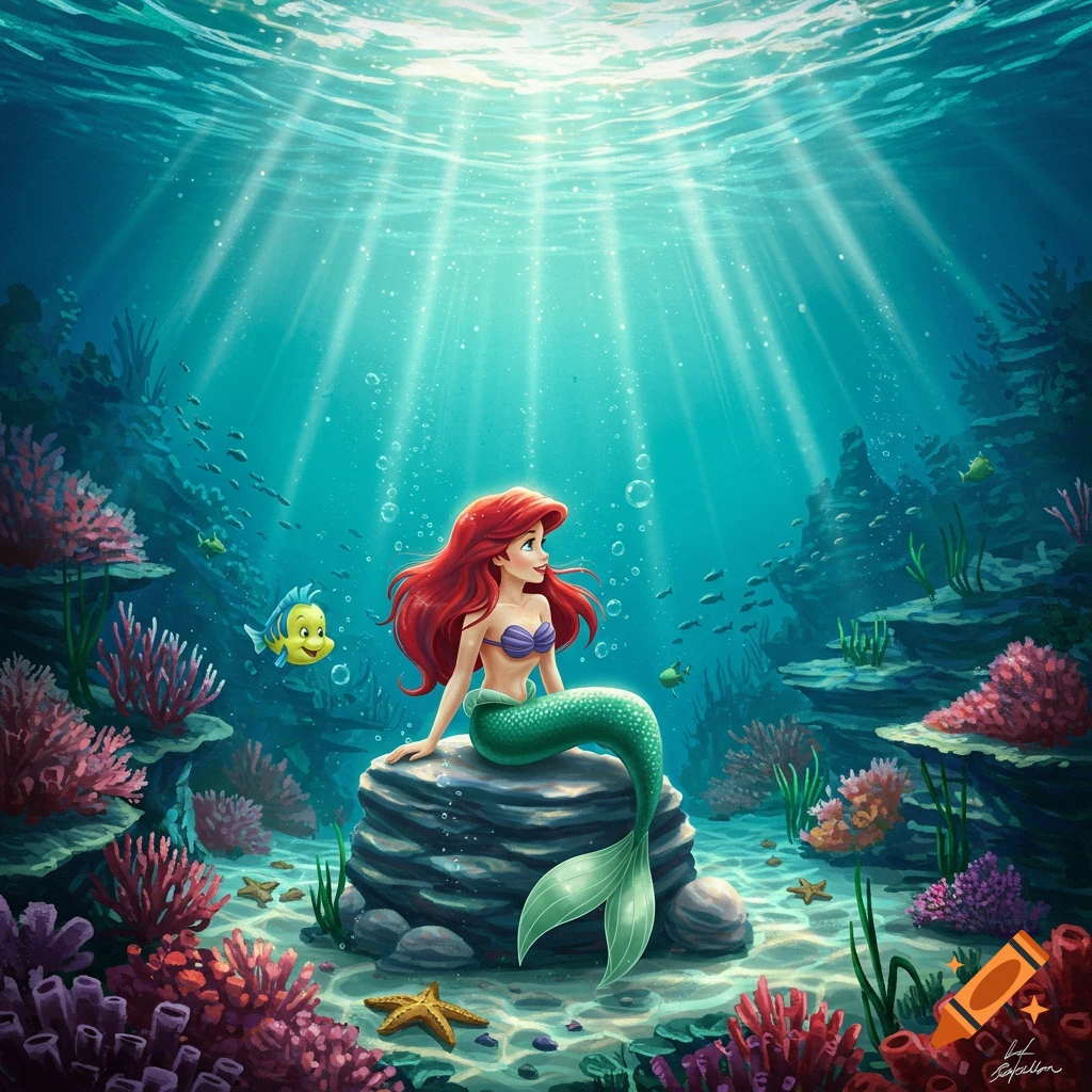 Colorful illustration of Ariel the Little Mermaid and Flounder underwater, sitting on a rock amidst coral and sun rays.