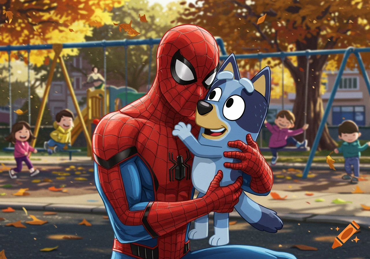 Spider-Man embracing Bluey the dog in an autumn playground with children.
