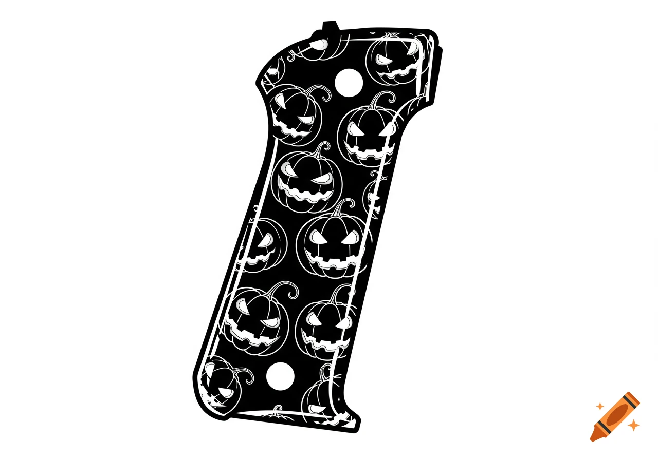 Black and white graphic design of a 1911 pistol grip covered in carved jack-o'-lantern pumpkins.