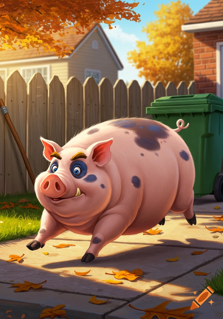 A jovial, plump cartoon pig with pink skin and brown spots, yellow eyebrows, and a curly tail runs down a sunlit driveway past a wooden fence and green trash can, with autumn leaves scattered on the ground.