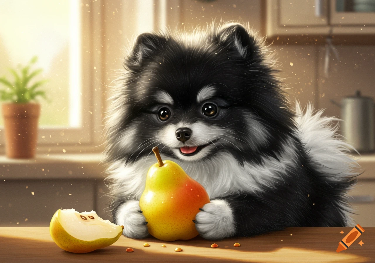 A cute fluffy black and white Pomeranian dog holding a pear on a wooden counter, with a pear slice next to it.