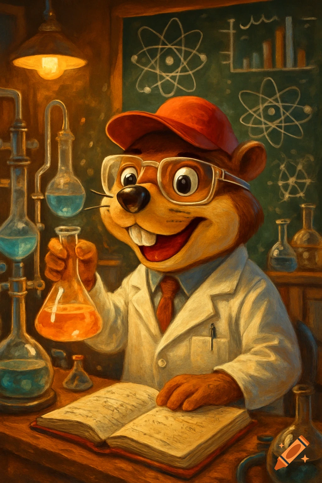 A cartoon beaver wearing glasses, a lab coat, and a baseball cap smiles while holding a beaker in a laboratory setting. An open book is on the table, and science diagrams are on a blackboard.