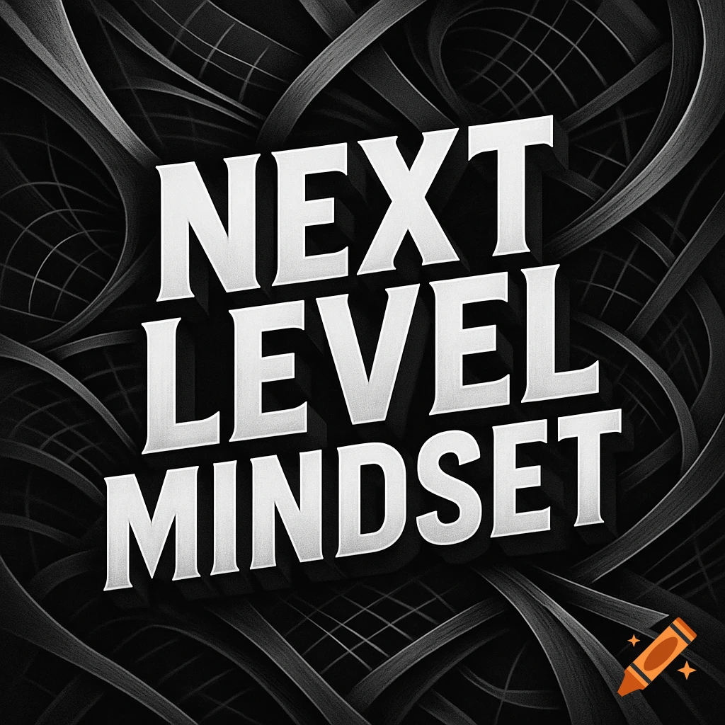 Bold white 3D text 'NEXT LEVEL MINDSET' on a dark, abstract background of intertwined metallic-looking ribbons.