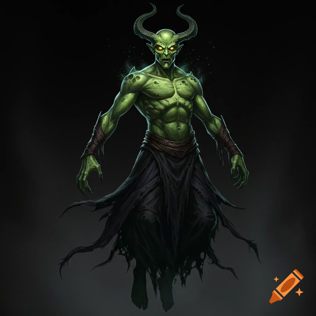 A green-skinned devil with horns, glowing eyes, and ragged black clothes floats against a dark background.