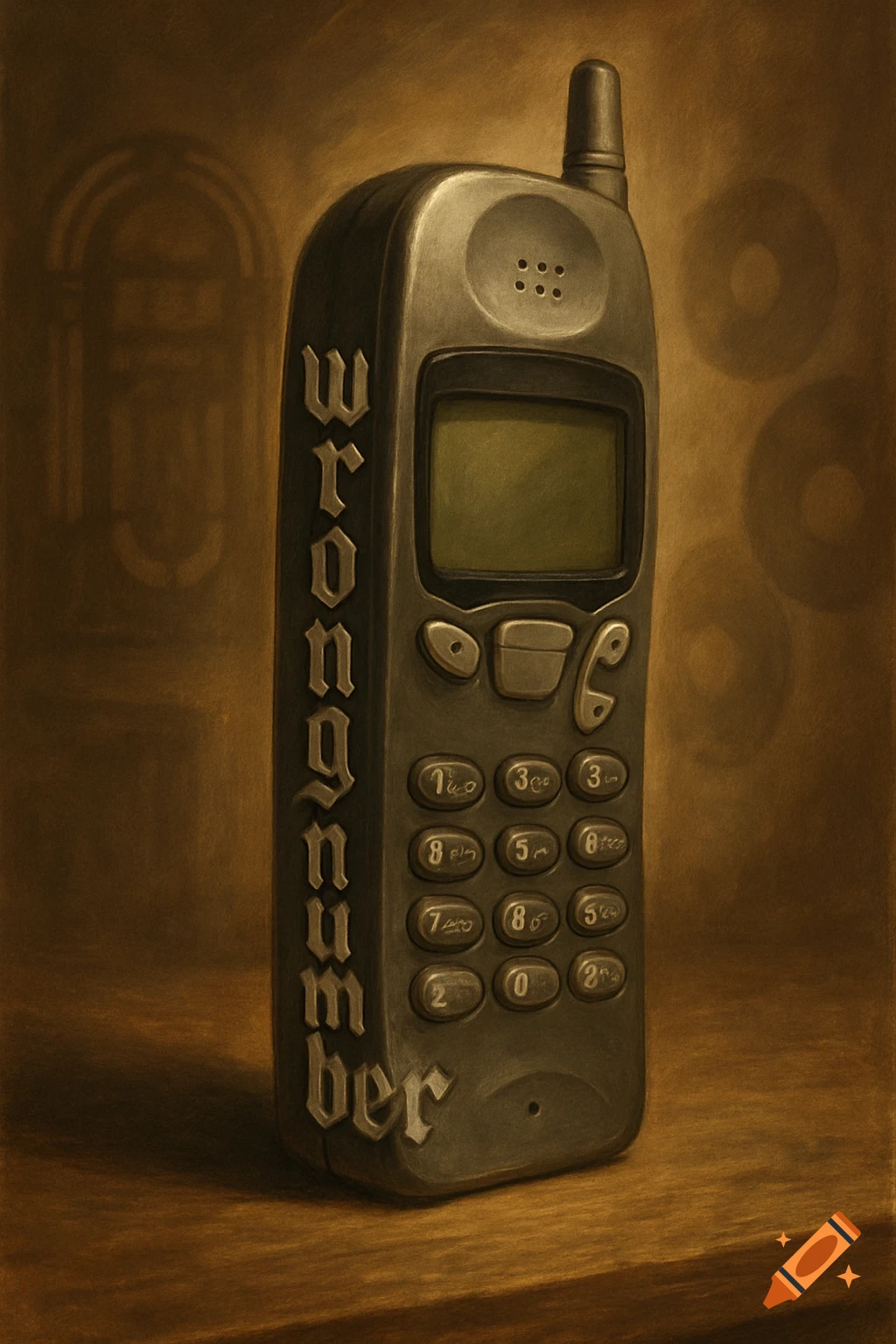 A vintage Nokia-style phone stands upright on a wooden surface, with 'wrong number' embossed in a gothic font on its side.