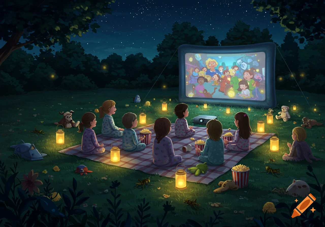 Children in pajamas watch a movie on an outdoor screen at night, surrounded by glowing lanterns and popcorn.