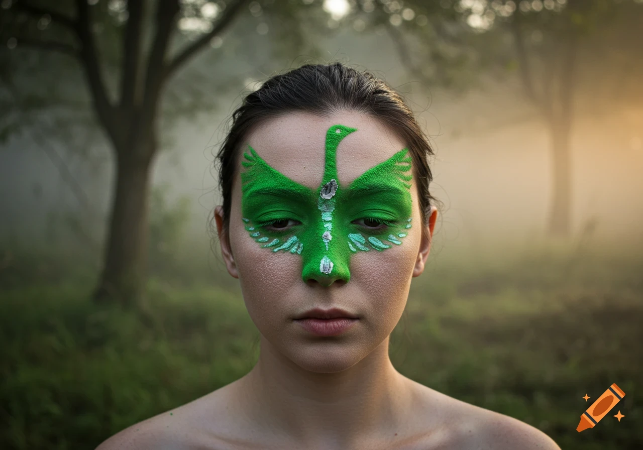 Close-up portrait of a woman with green goose-shaped face paint on her forehead and nose, in a misty forest.