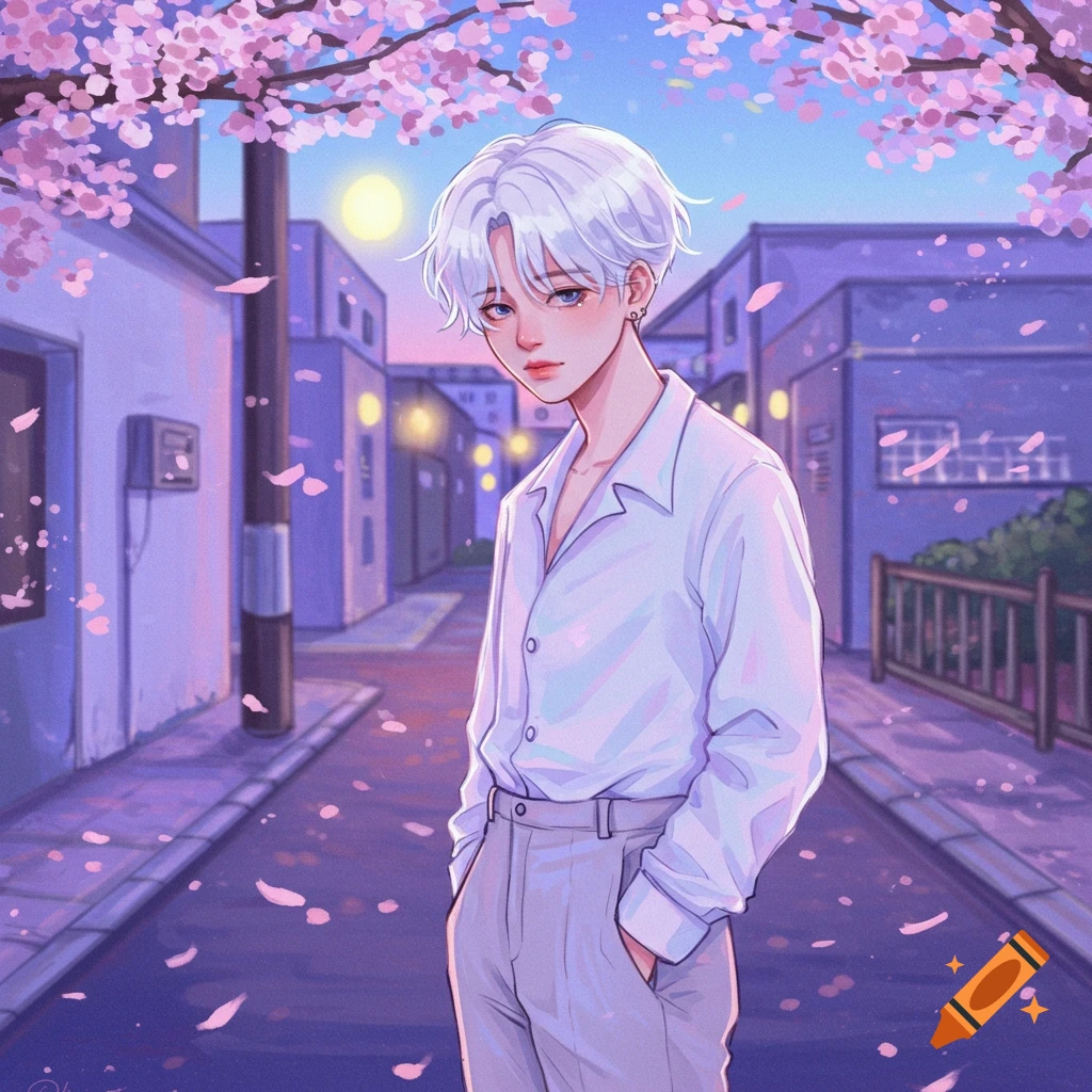 Anime-style young man with white hair standing on a street with cherry blossoms falling at dusk, looking melancholy.