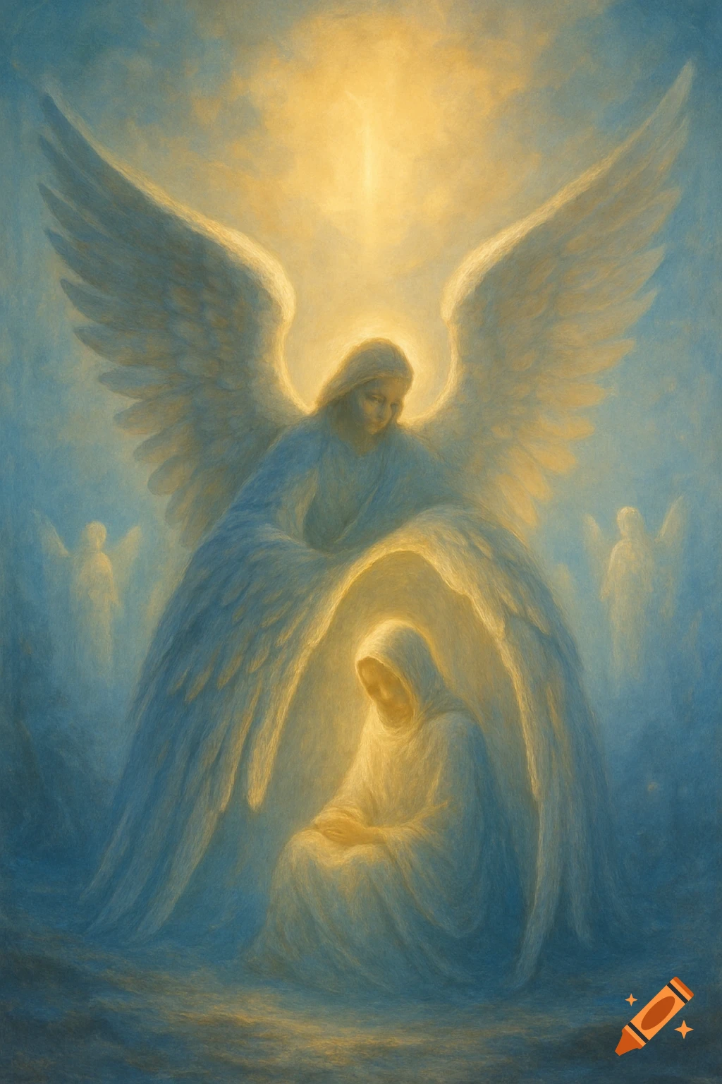 A painterly image of a large angel with spread wings looking over a smaller, hooded figure kneeling below, bathed in golden light. Faint angel figures are in the background.