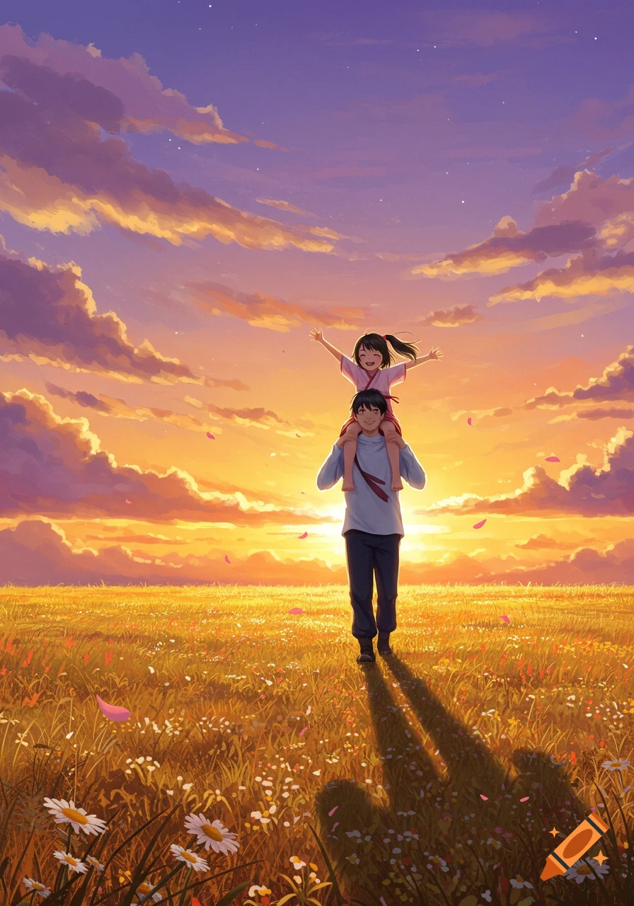 An animated man carries a young girl on his shoulders through a golden field at sunset, with purple and orange clouds.