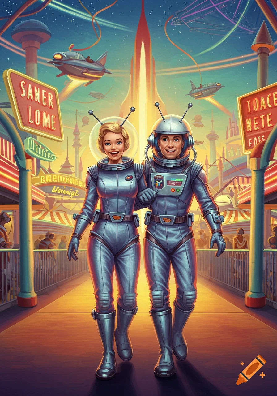 Two smiling people in retrofuturistic space suits walk down a bustling walkway in a vibrant, futuristic city with rockets and flying vehicles in the sky. Neon signs are visible on either side.