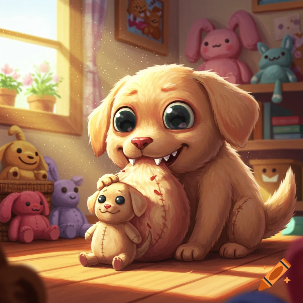 A large, cute cartoon golden retriever puppy with big eyes happily bites a smaller stuffed toy in a sunlit room filled with other plush animals.