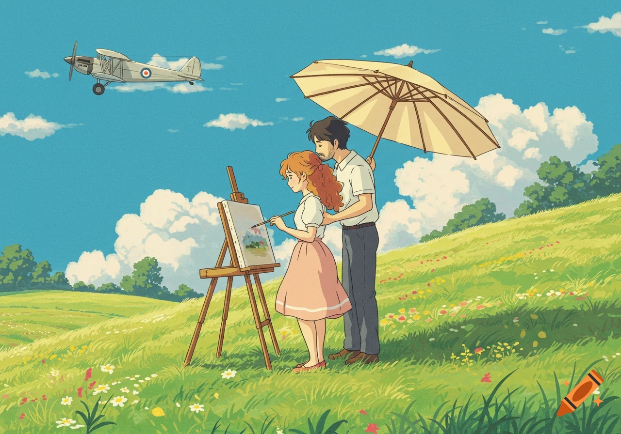 An animated scene of a woman painting at an easel on a grassy hill, while a man holds an umbrella over her. A propeller plane flies overhead.