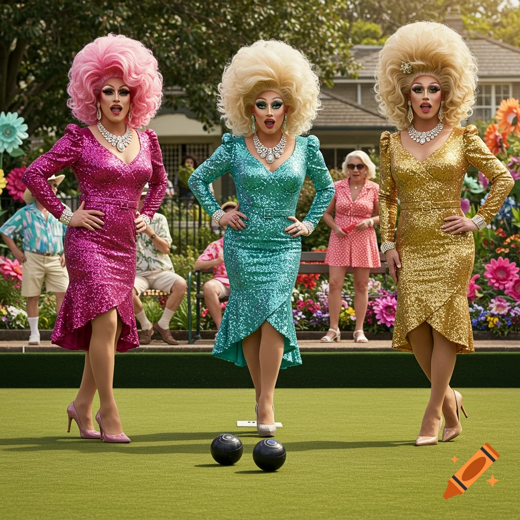 Three drag queens in pink, teal, and gold sequined gowns with large wigs stand on a lawn bowling green with two black bowls. Photorealistic.