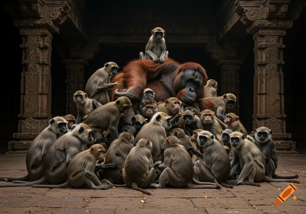 A large orangutan lies on a pile of monkeys, while many other monkeys sit around them in dark ancient stone ruins.