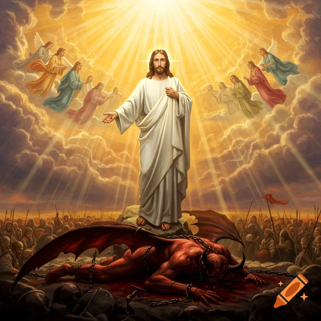 Jesus Christ stands in radiant light above a chained, defeated Devil, surrounded by angels in the sky and a crowd of figures below.