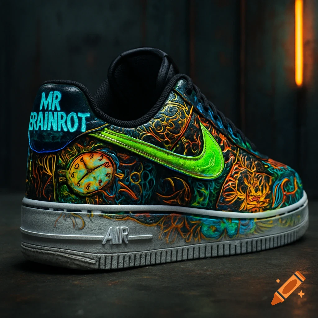 A detailed, custom-designed Nike Air Force sneaker with colorful abstract patterns, a clock face, and 'MR BRAINROT' on the heel.