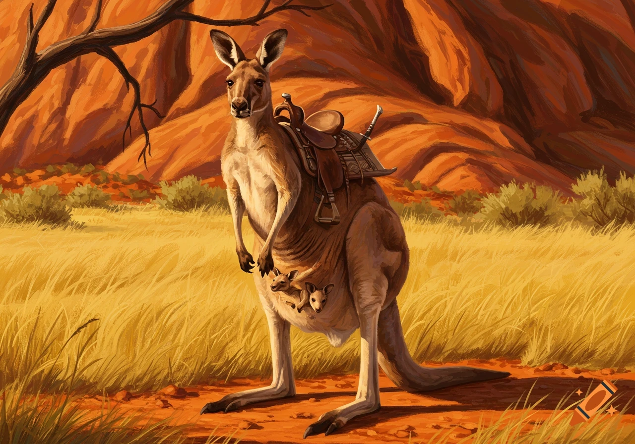 Illustration of a kangaroo with a saddle and two joeys in its pouch, standing in a field of dry yellow grass with red rock formations in the background.
