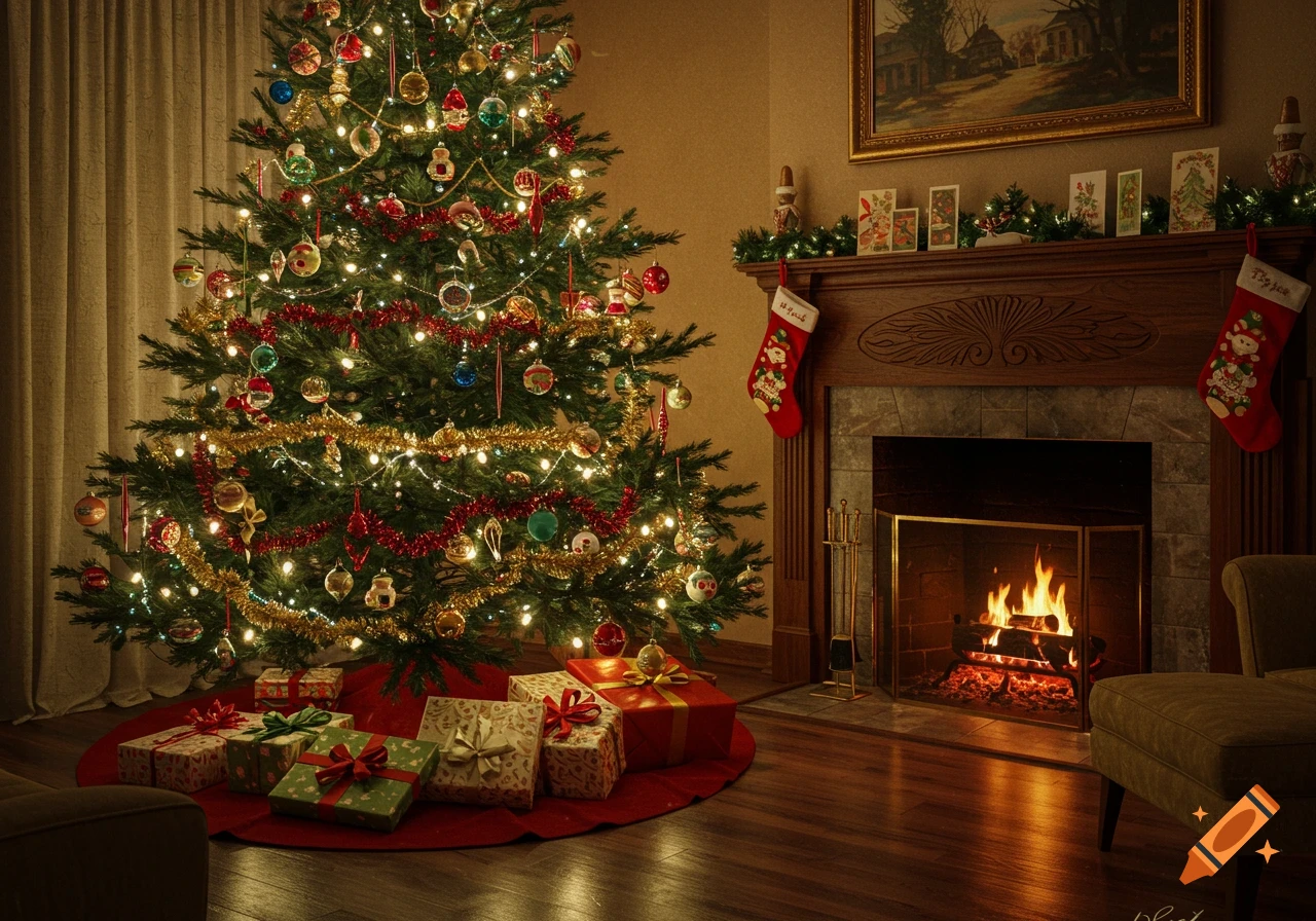 A warmly lit room with a decorated Christmas tree, wrapped presents, and a fireplace with stockings and a roaring fire, in a photorealistic style.