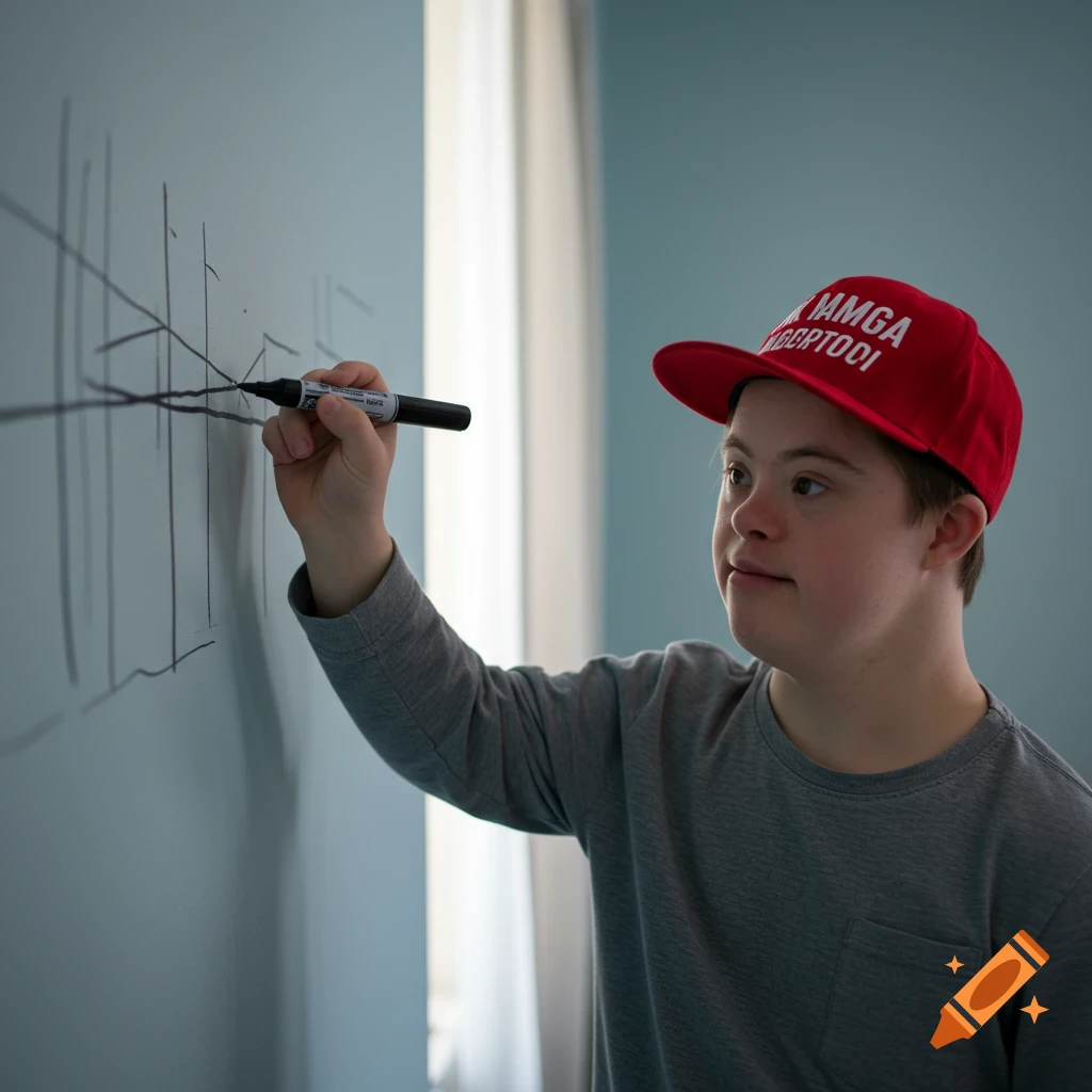 A young person with Down syndrome in a red cap drawing lines on a light blue wall with a black marker.
