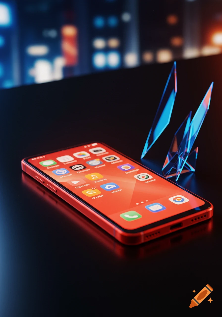A red smartphone with app icons on its screen lies on a dark surface, with glowing blue shards and blurred city lights in the background.