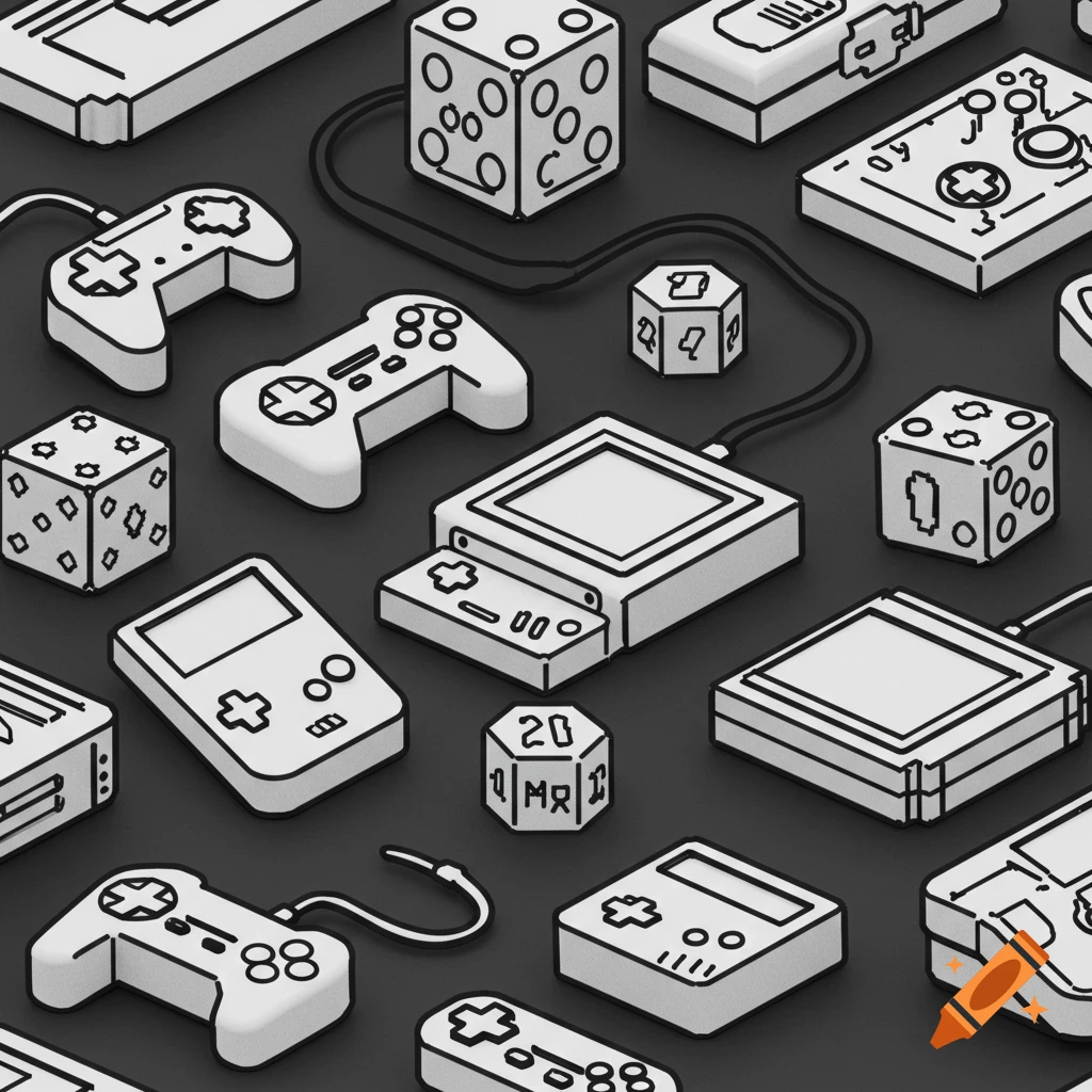 A black and white line art pattern of gaming elements including controllers, handheld consoles, and dice on a dark background.