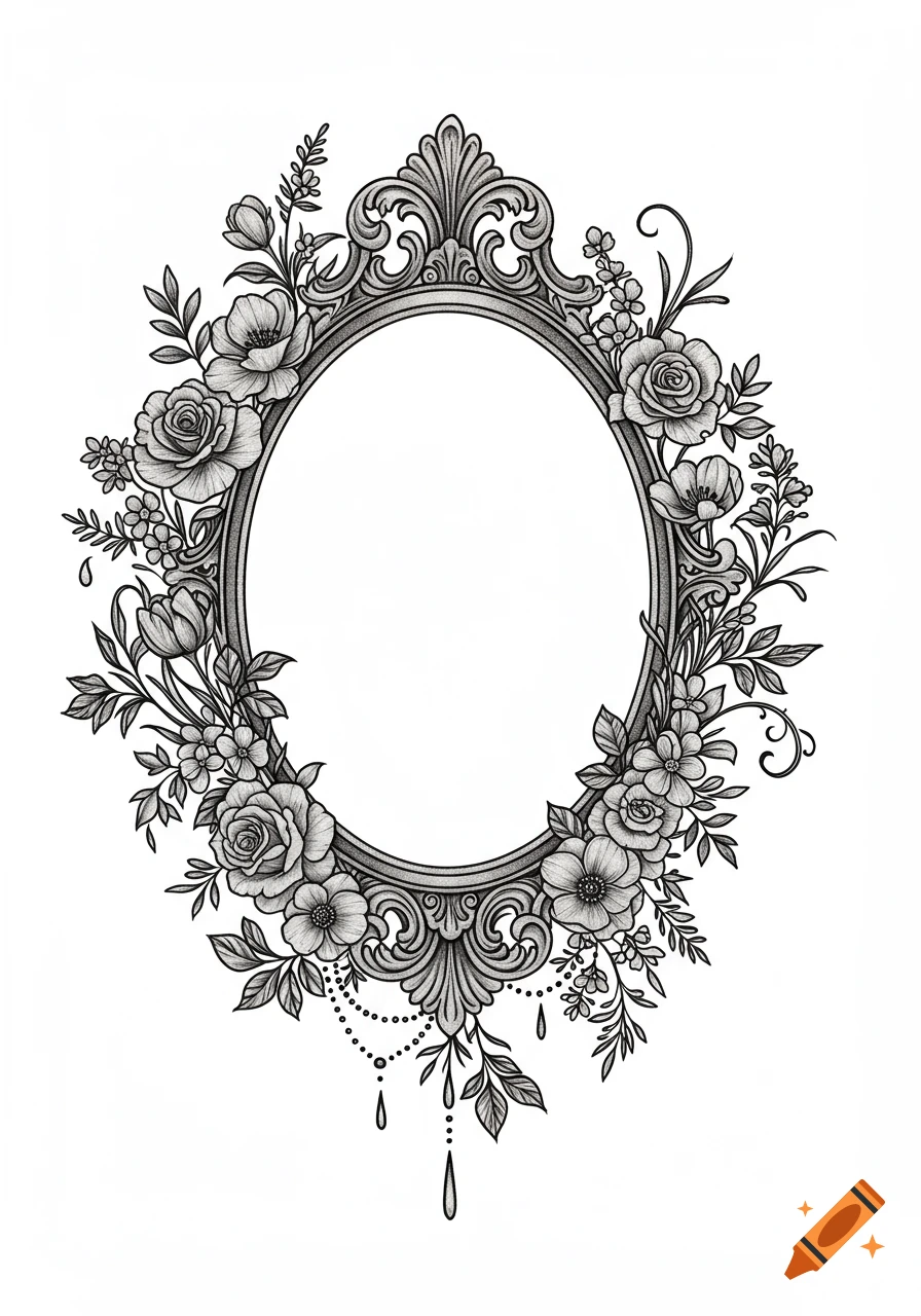 An ornate oval frame with gothic details, surrounded by a border of black and white roses, tulips, and leaves in an illustrative style.