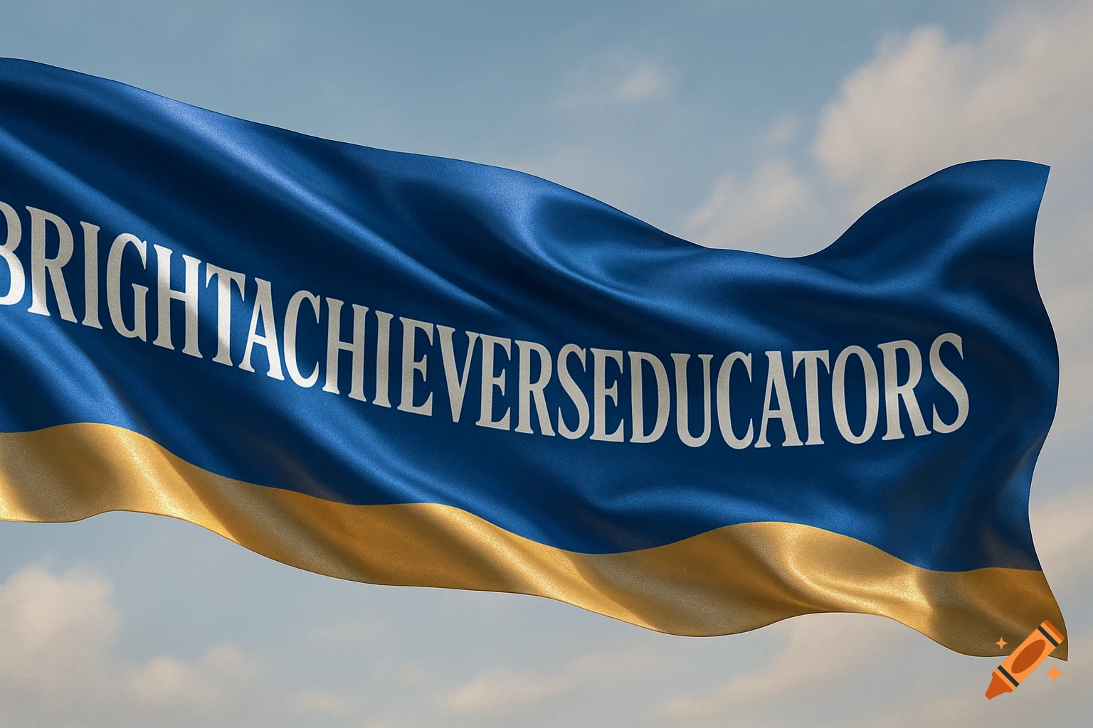 A photorealistic blue and gold flag with the text 'BRIGHTACHIEVERSEDUCATORS' waving against a cloudy sky.