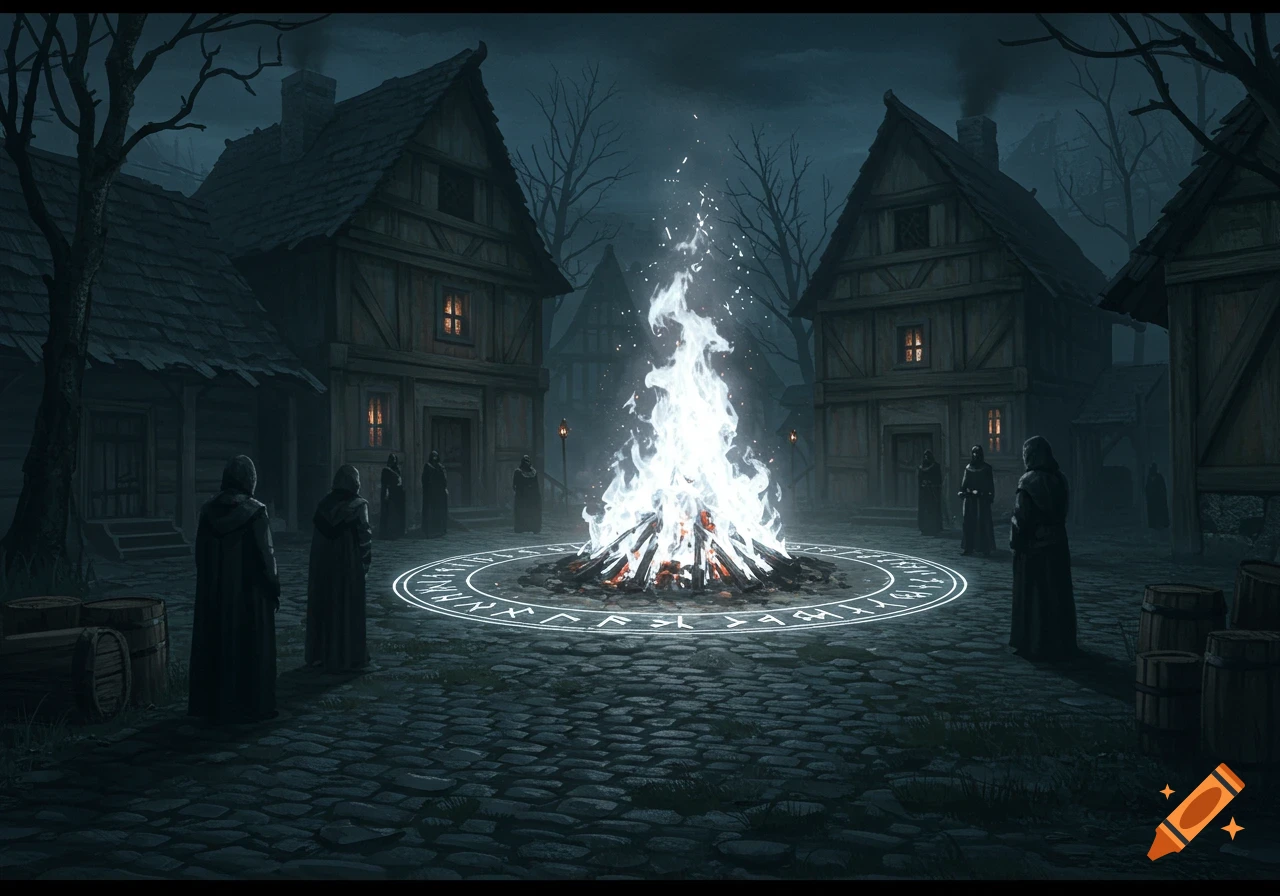 A dark fantasy village at night with cloaked figures gathered around a large white flame pyre on a glowing runic circle.