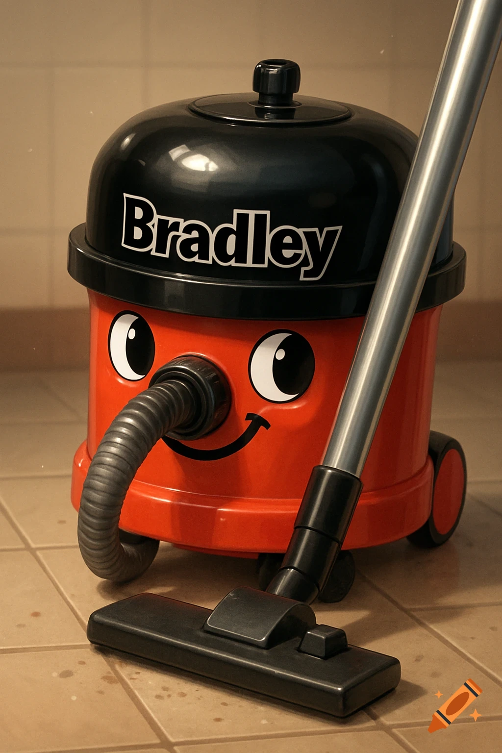 Photorealistic image of a red and black vacuum cleaner with a cartoon face, named Bradley, on a tiled floor.